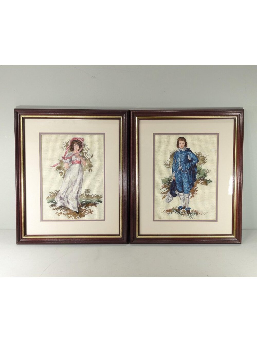Vintage framed BLUE BOY and PINKIE needlepoint cross stitch fibre art pictures